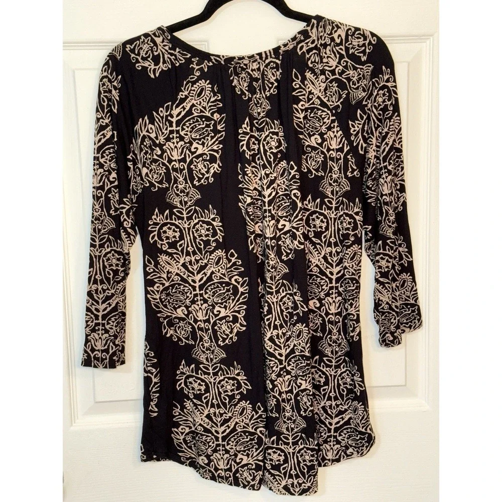 Lucky Brand Black Tan Floral Round Neck Keyhole Pullover Blouse Tunic Size 1X - Picture 3 of 4